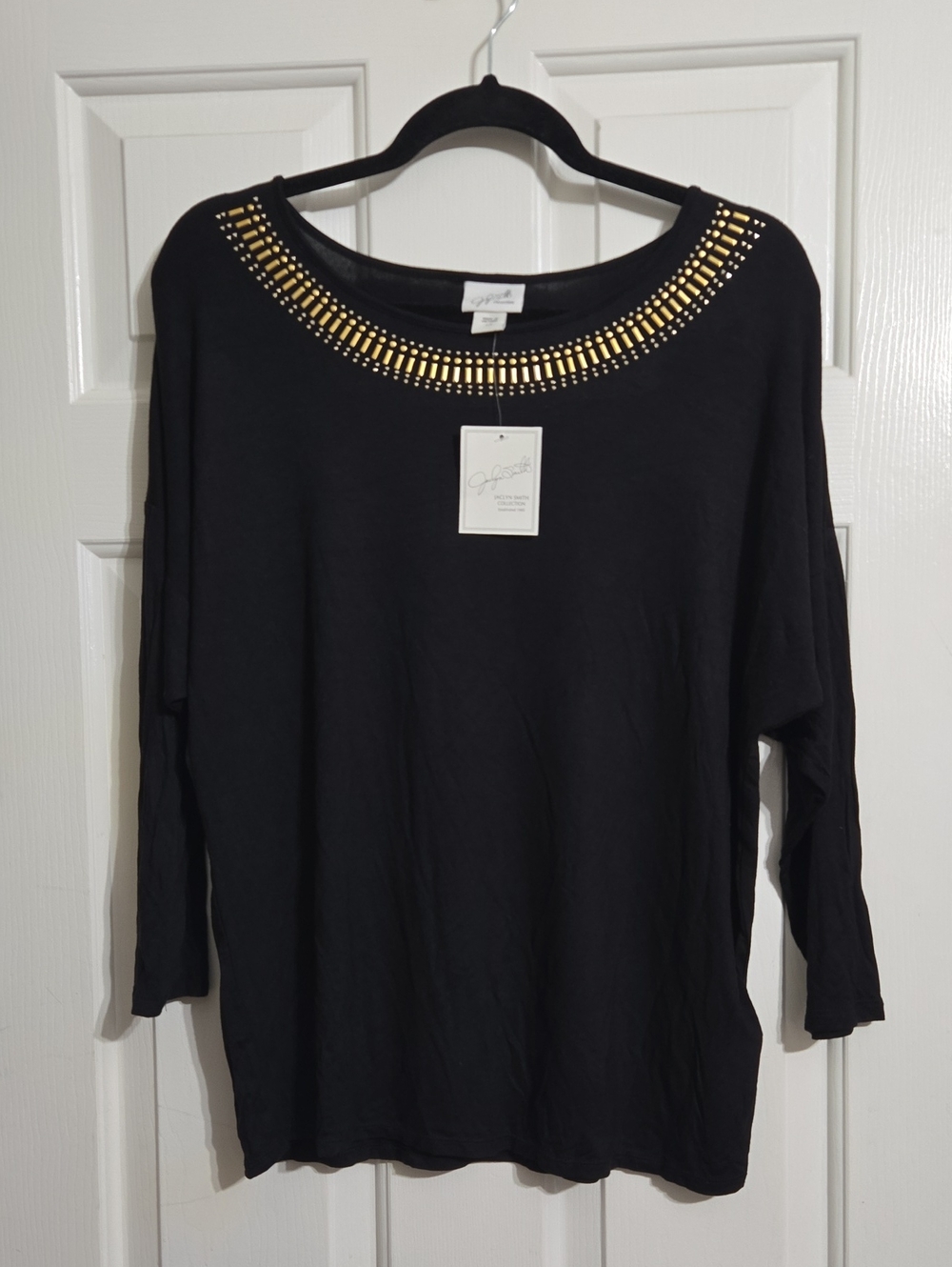 Jaclyn Smith Black Long Sleeve Tee with Gold Neck Embellishment